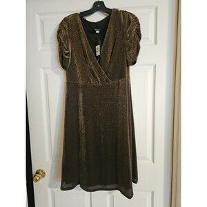 Tommy Hilfiger Womens Puff Sleeve Ruched Dress Size 12 Bronze Sparkly Shiny
